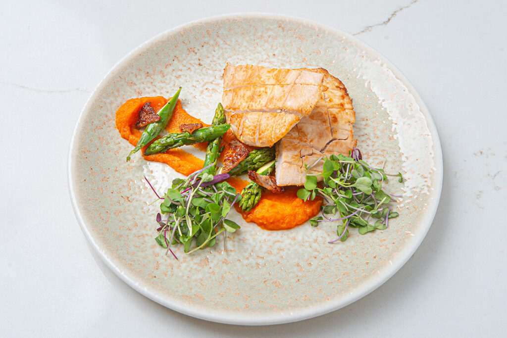 Pan-Seared Turkey Breast with Carrot Puree and Roasted Asparagus