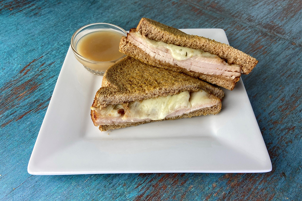 Sheet Pan Turkey Cheese Sandwich with Gravy Dip