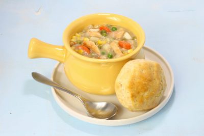 Turkey Pot Pie Soup with Biscuit