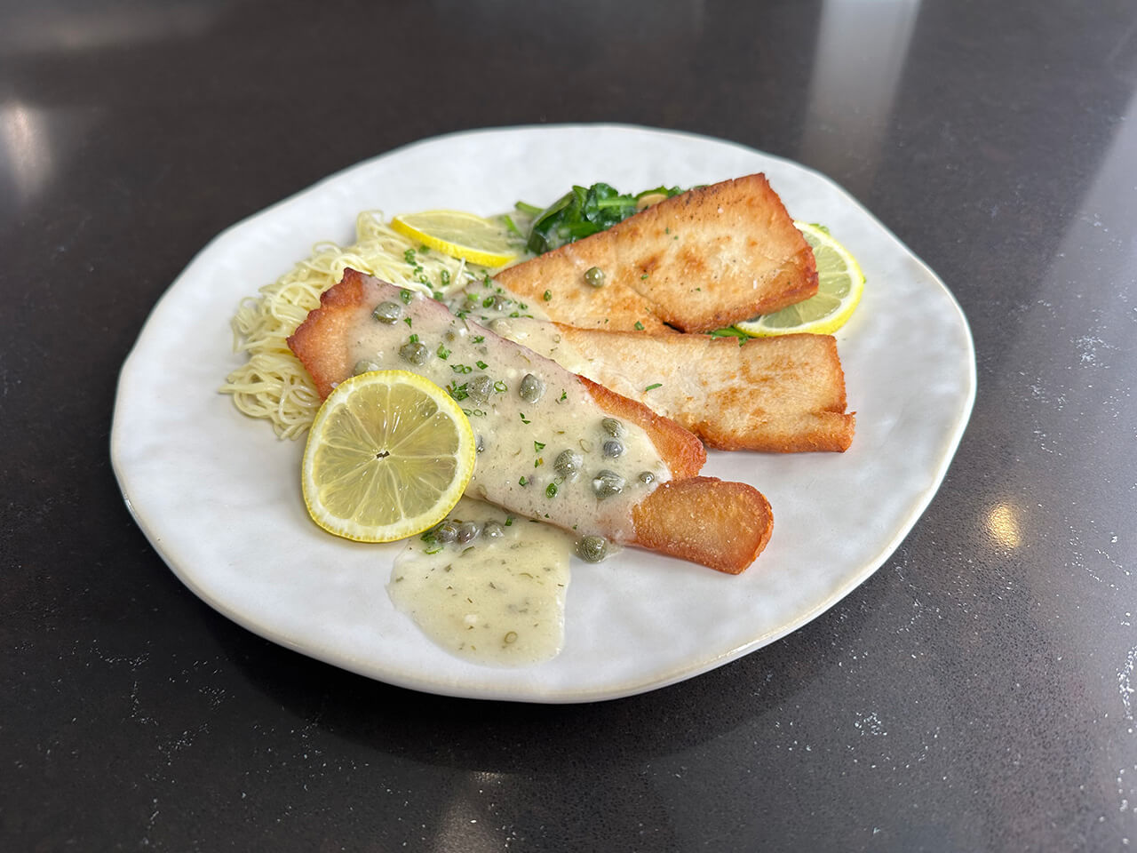 Turkey Breast Scallopini with Angel Hair Pasta and Garlic Sautéed Spinach